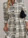 Houndstooth Button - Down Shirt Dress - CELIVINE