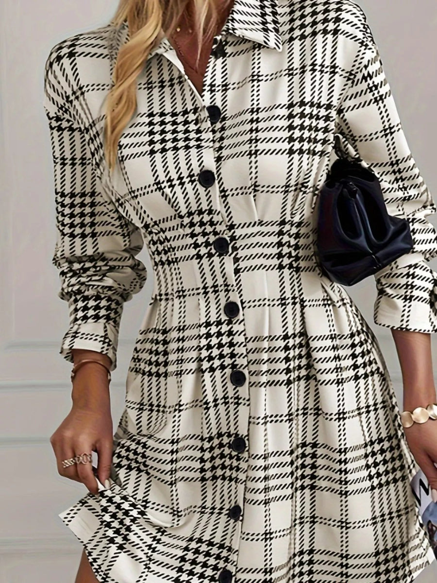 Houndstooth Button - Down Shirt Dress - CELIVINE