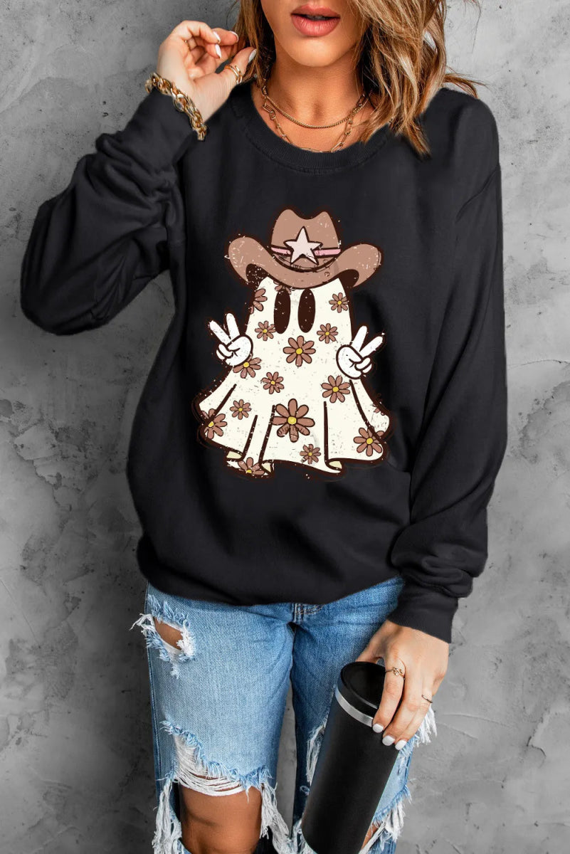 Ghost Round Neck Long Sleeve Sweatshirt - CELIVINE