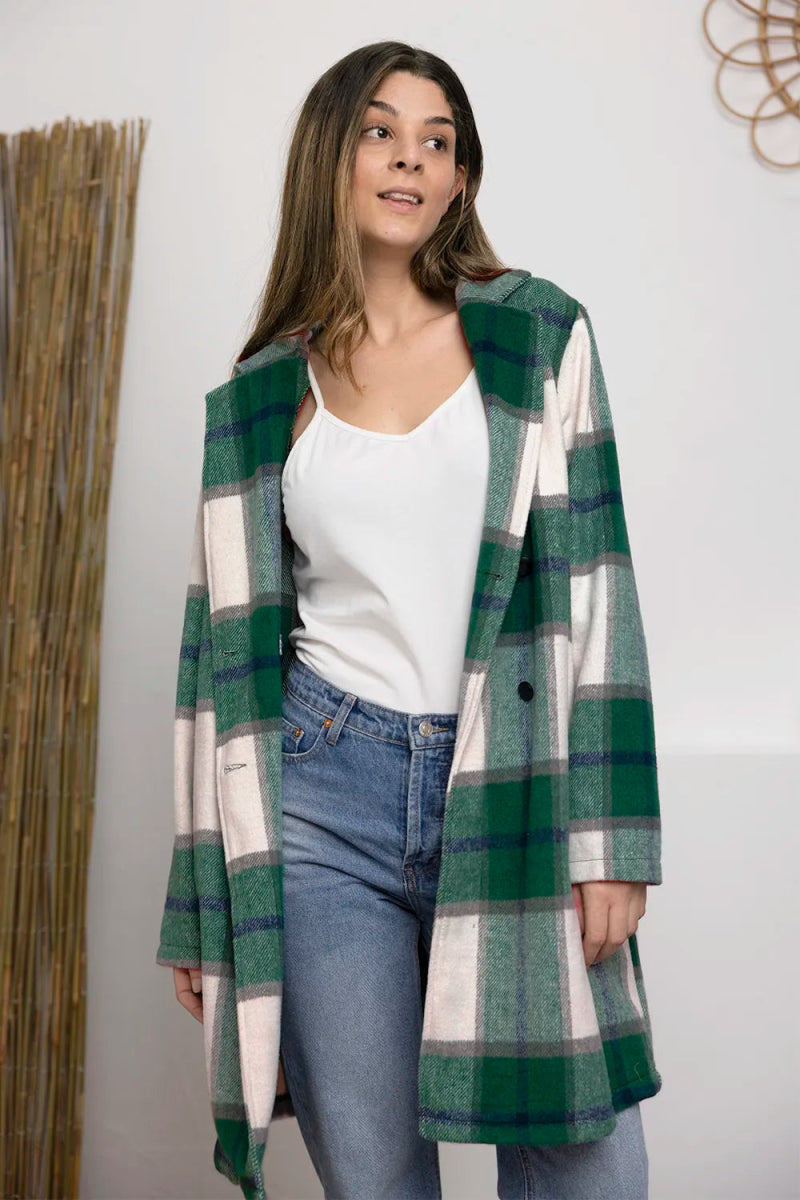 Double Take Full Size Plaid Button Up Lapel Collar Coat - CELIVINE