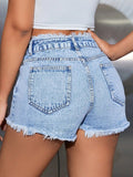 High Waisted Frayed Hem Denim Shorts - CELIVINE