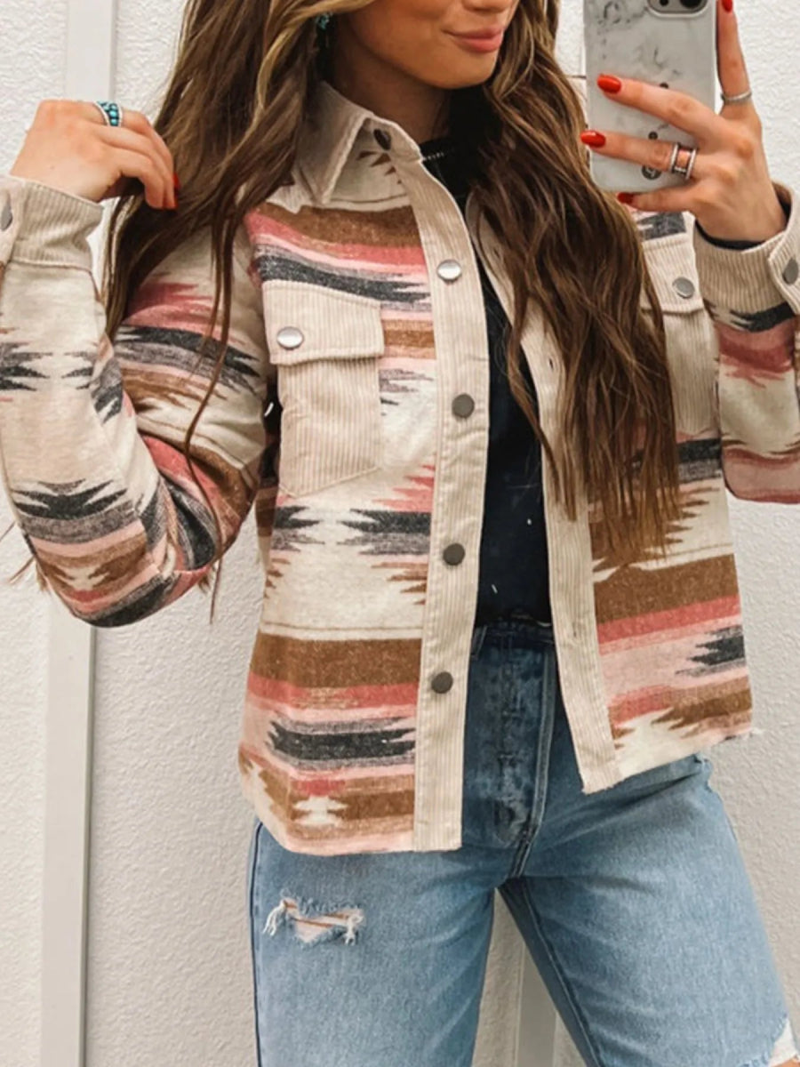 Corduroy Hem Striped Button - Up Jacket - CELIVINE