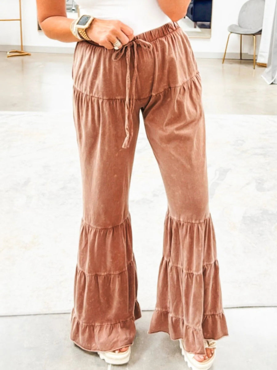 Drawstring Flare Ruffle Pants - CELIVINE