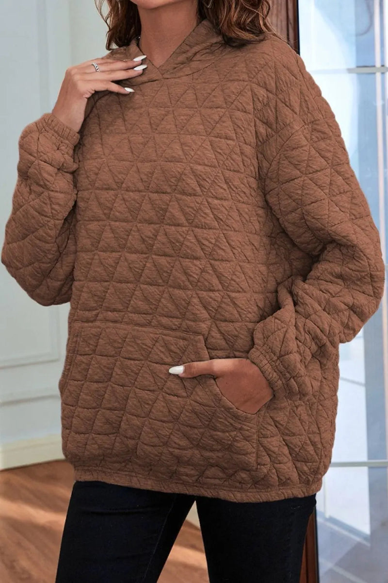 Quilted Long Sleeve Hoodie with Pocket - CELIVINE