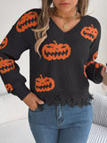 Halloween Pumpkin Pattern Raw Hem V - Neck Sweater - CELIVINE