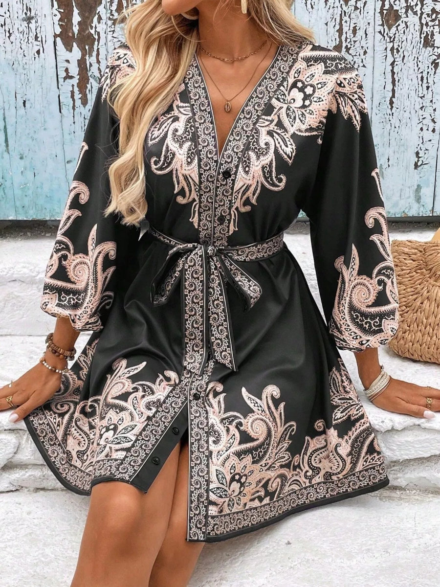 Printed Balloon Sleeve Mini Dress - CELIVINE