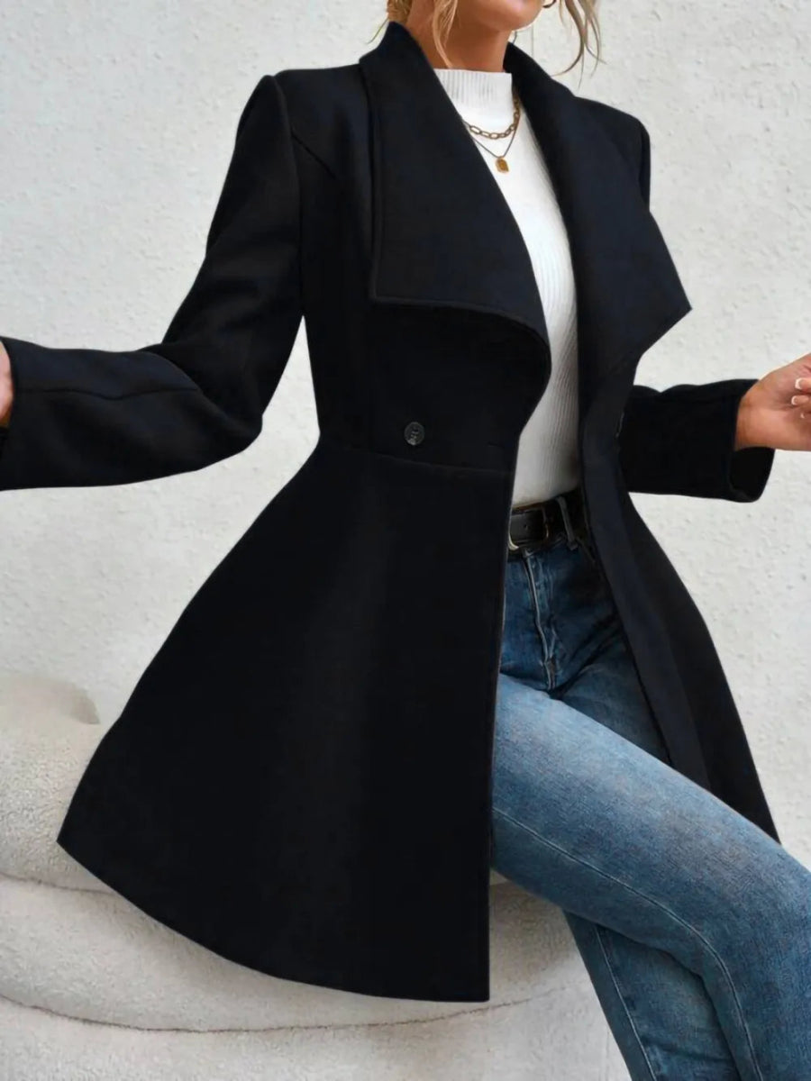 Collared Neck Button Up Long Sleeve Coat - CELIVINE