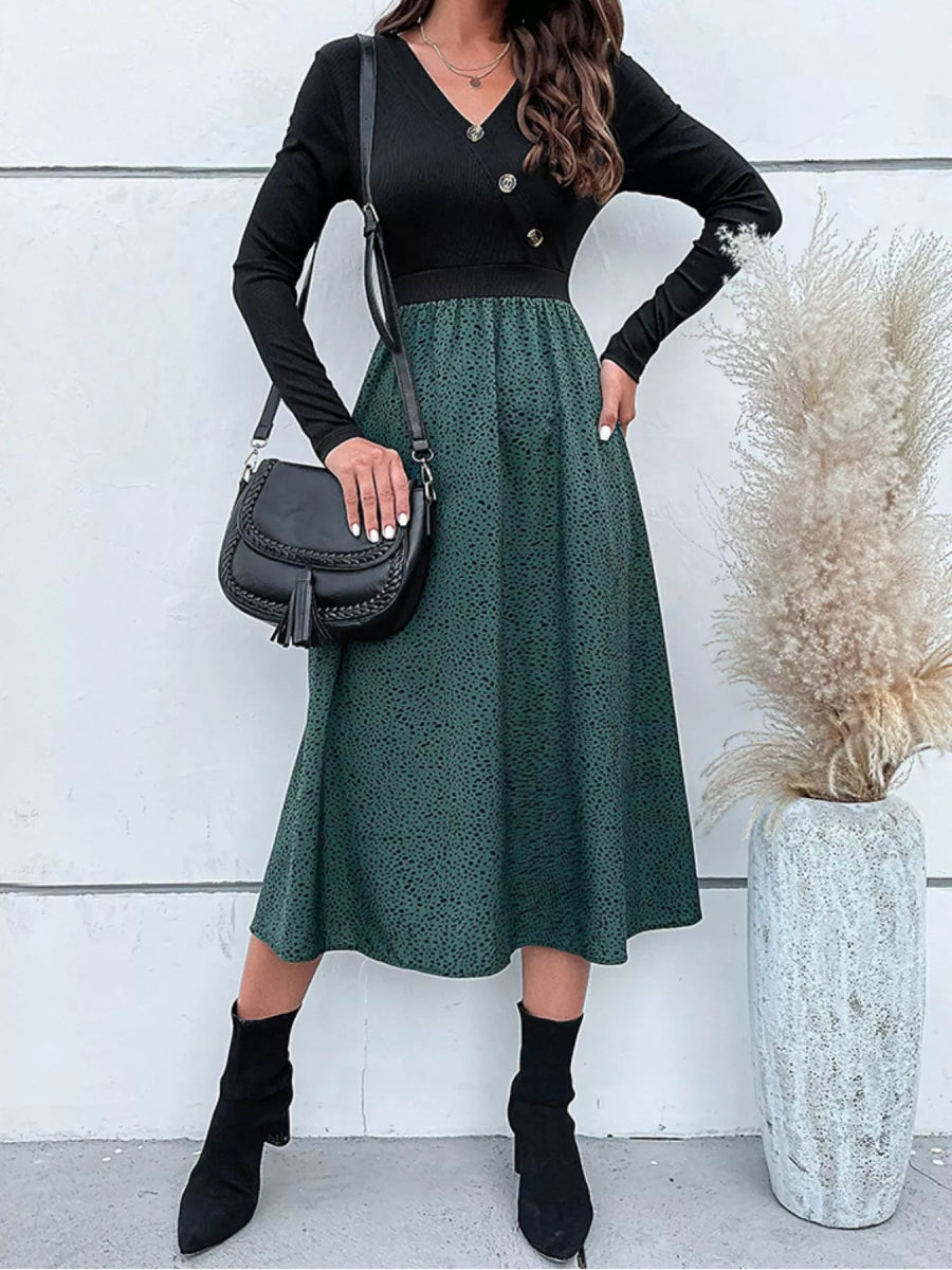 Animal Print Long Sleeve Midi Dress - CELIVINE