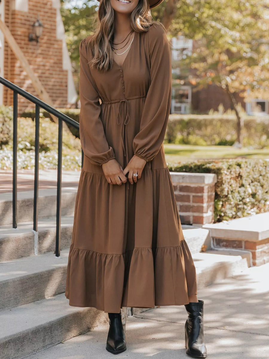 V - Neck Balloon Sleeve Tiered Dress - CELIVINE