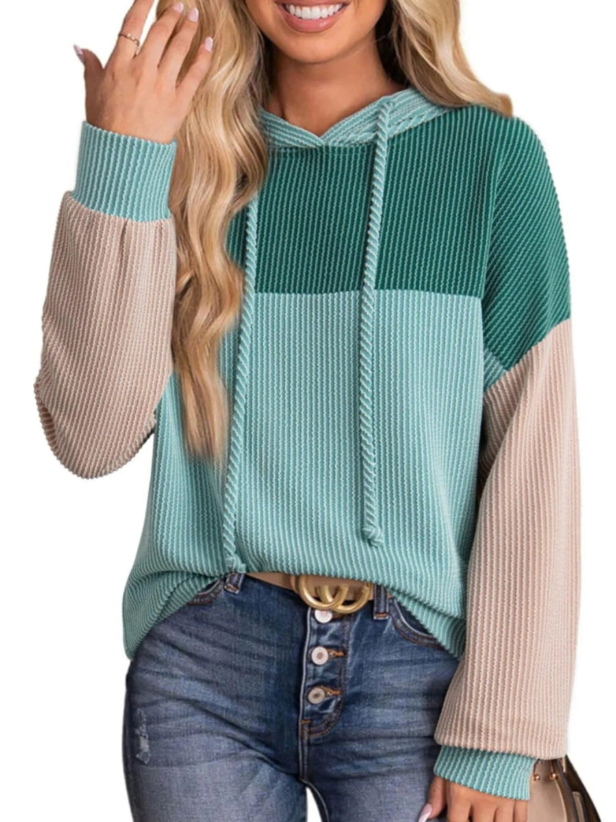Drawstring Color Block Long Sleeve Hoodie - CELIVINE