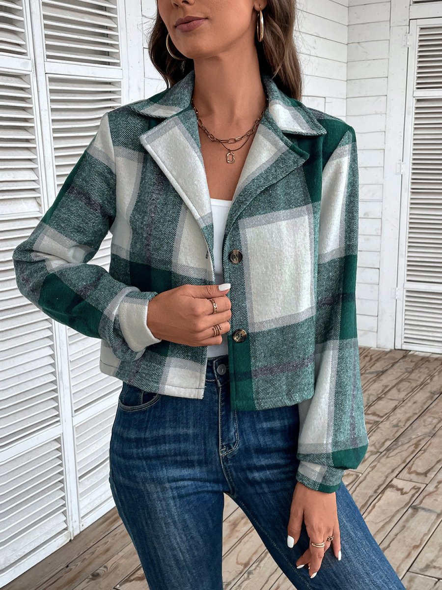 Plaid Collared Neck Button Up Long Sleeve Jacket - CELIVINE