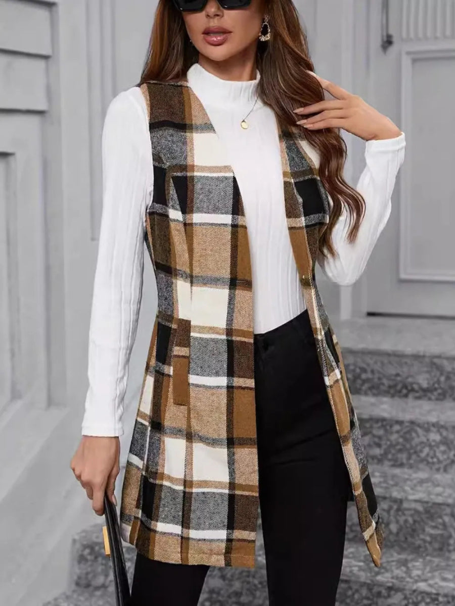 Plaid V - Neck Vest Coat - CELIVINE