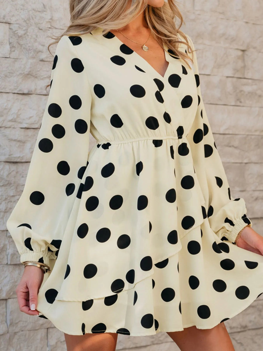 Polka Dot Surplice Puff Sleeve Mini Dress - CELIVINE