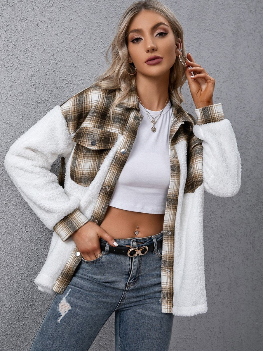 Plaid Collared Neck Button Down Jacket - CELIVINE