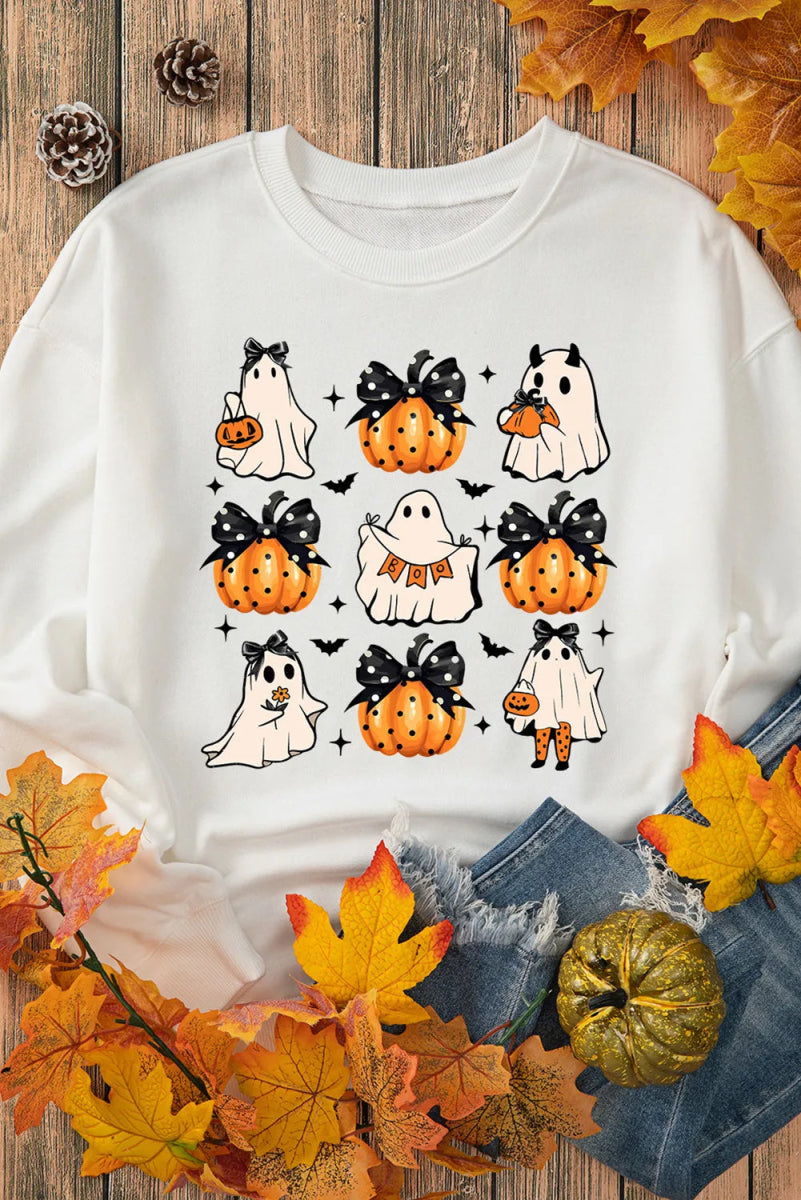 Pumpkin & Ghost Round Neck Long Sleeve Sweatshirt - CELIVINE