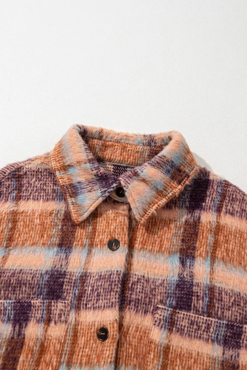 Plus Size Plaid Collared Neck Long Sleeve Jacket - CELIVINE