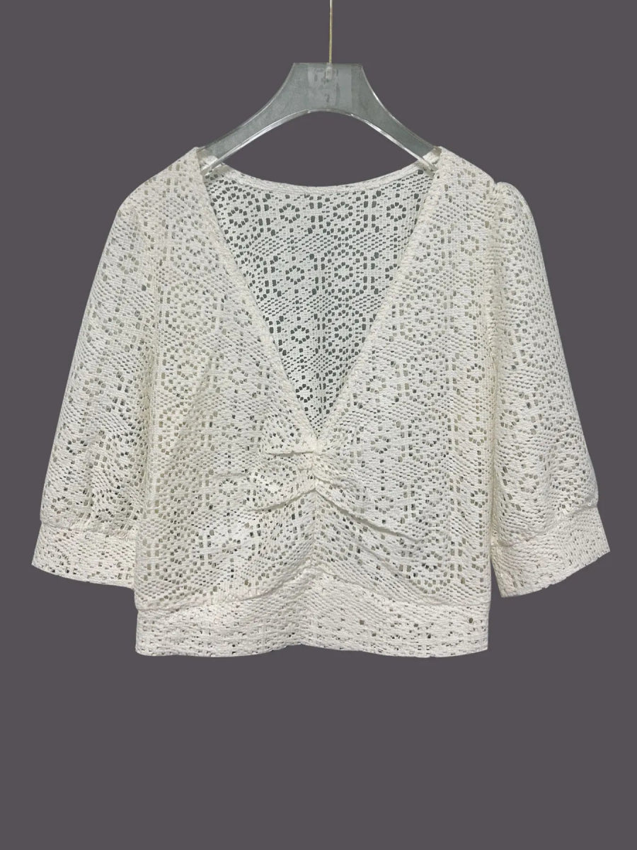 Ruched V - Neck Openwork Crop Knit Top - CELIVINE