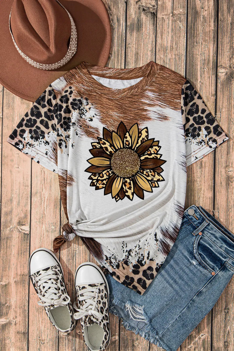 Sunflower Graphic Round Neck Short Sleeve T-Shirt - CELIVINE