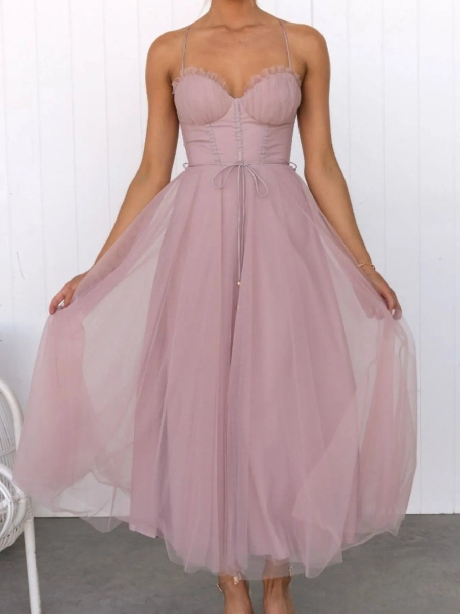 Sweetheart Neck Tulle Midi Dress - CELIVINE