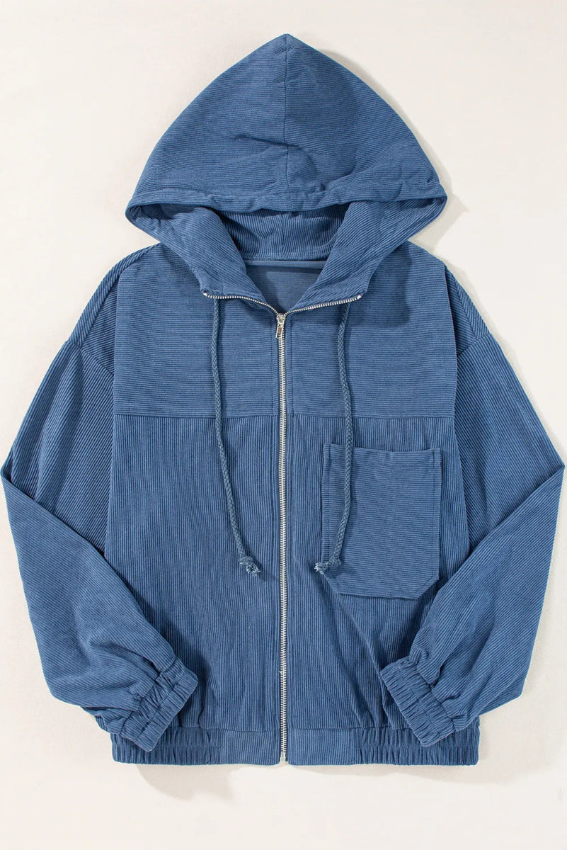 Pocketed Zip Up Long Sleeve Hooded Jacket - CELIVINE