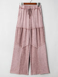 Mineral Wash Tiered Wide Leg Patchwork Drawstring Pants - CELIVINE