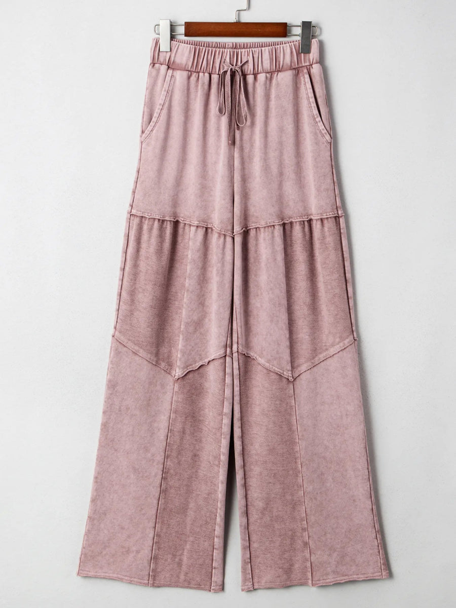 Mineral Wash Tiered Wide Leg Patchwork Drawstring Pants - CELIVINE
