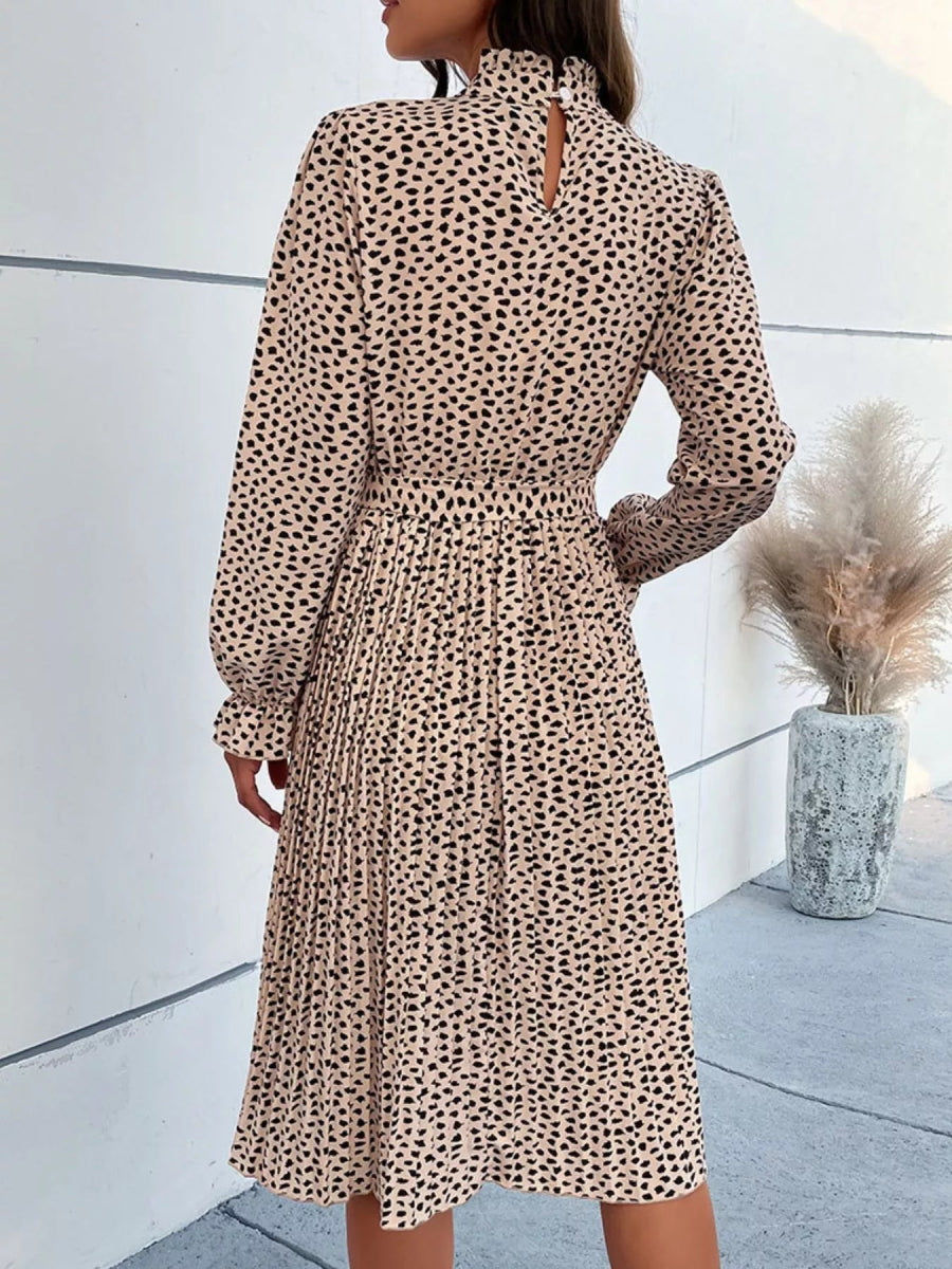 Animal Print Mock Neck Flounce Sleeve Dress - CELIVINE