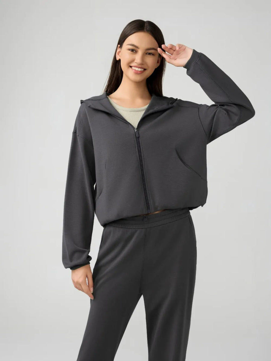 Zip Up Dropped Shouder Active Hooded - CELIVINE
