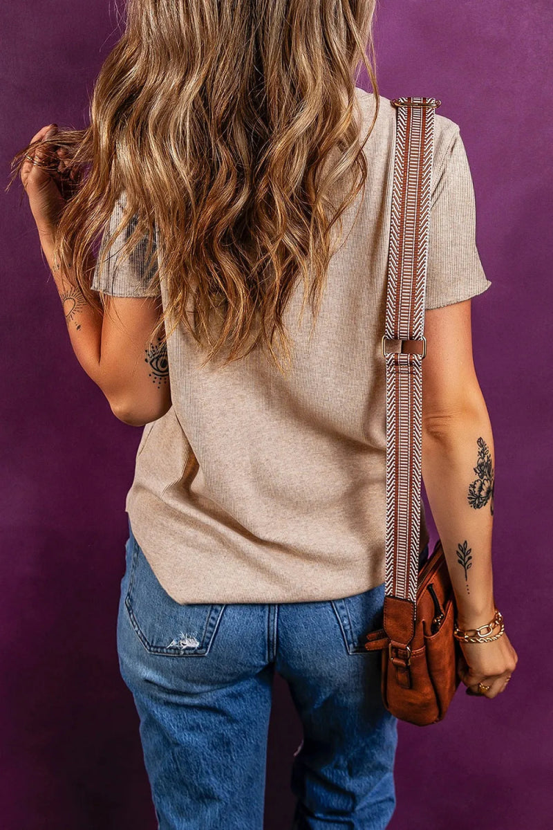 Short Sleeve Half Button Ribbed Knit Top - CELIVINE