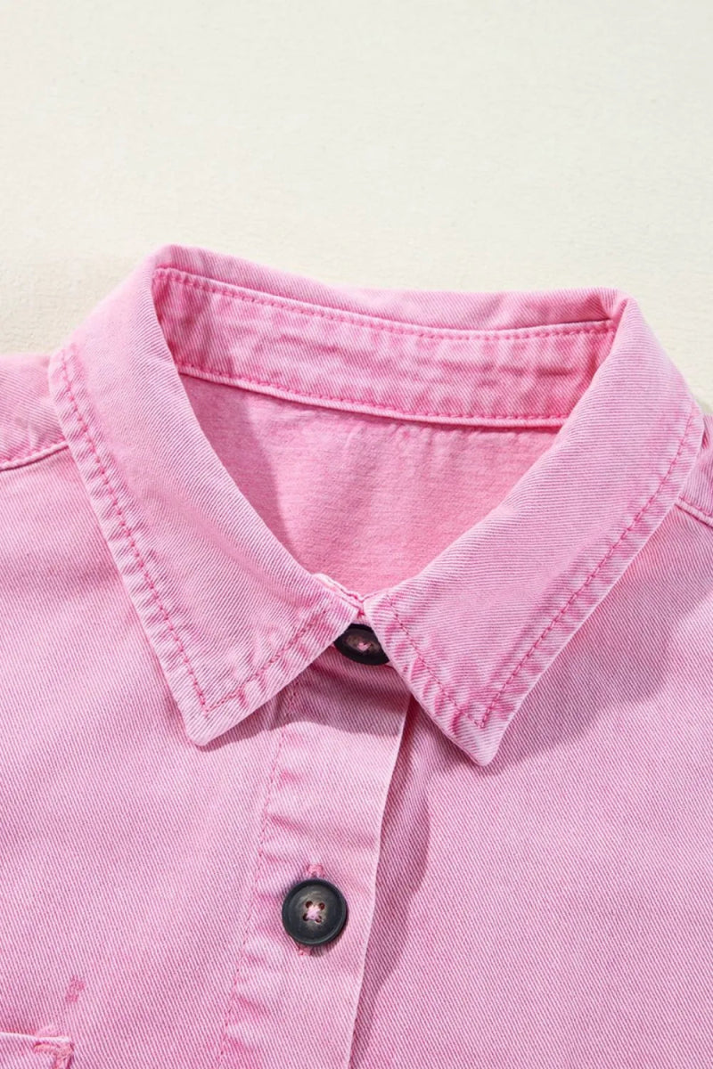 Button Down Short Sleeve Denim Dress - CELIVINE