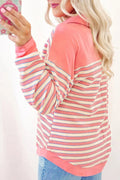 Striped Johnny Collar Long Sleeve Sweatshirt - CELIVINE