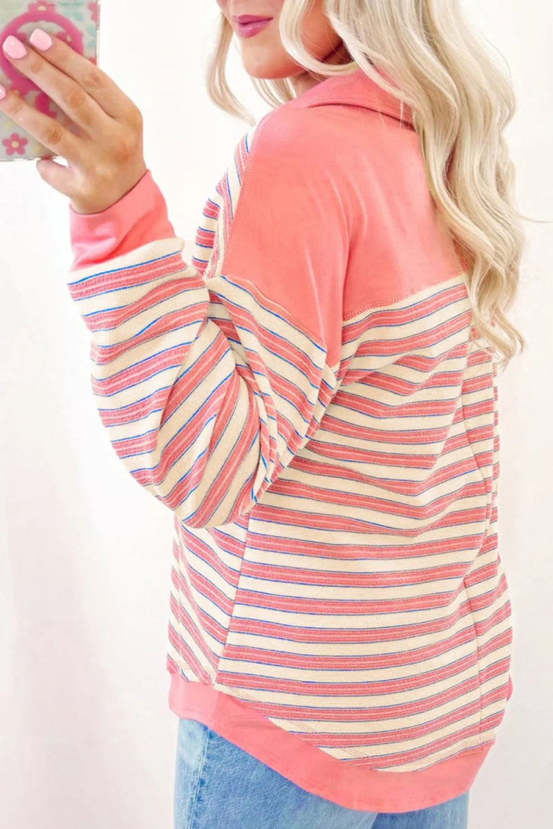 Striped Johnny Collar Long Sleeve Sweatshirt - CELIVINE