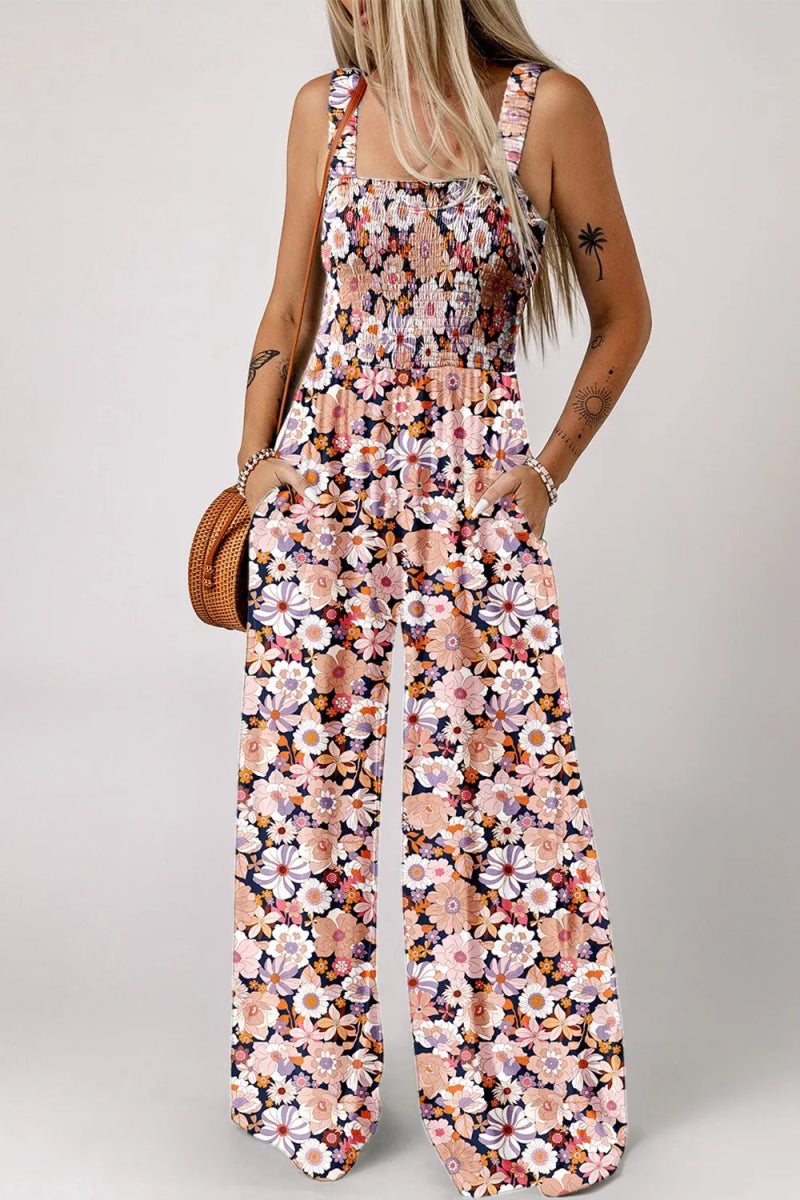 Floral Print Smocked High Waist Square Neck Jumpsuit - CELIVINE