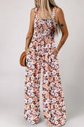 Floral Print Smocked High Waist Square Neck Jumpsuit - CELIVINE