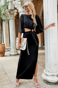 Cutout Split Puff Sleeve Maxi Dress - CELIVINE