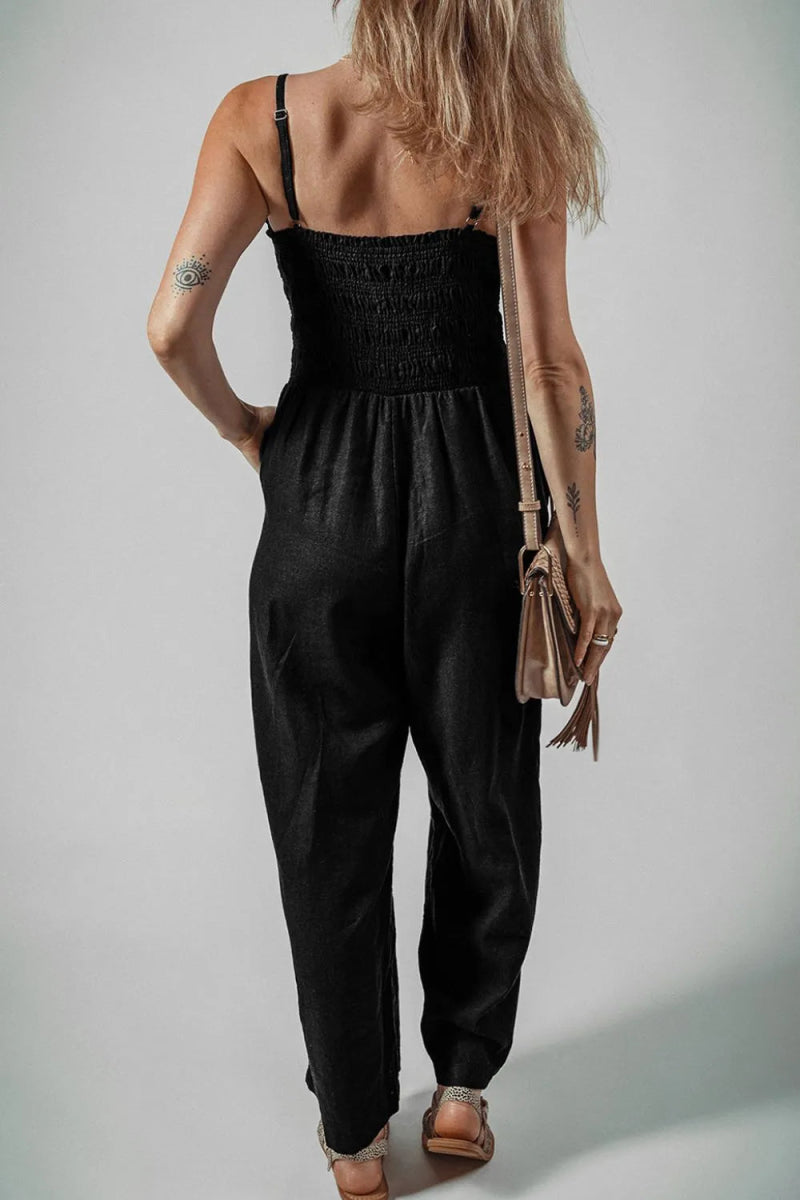 Smocked Spaghetti Straps Wide Leg Jumpsuit - CELIVINE
