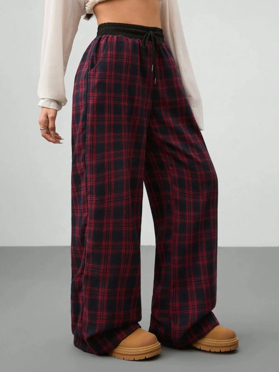 Plaid Wide Leg Pants with Drawstring Waist - CELIVINE