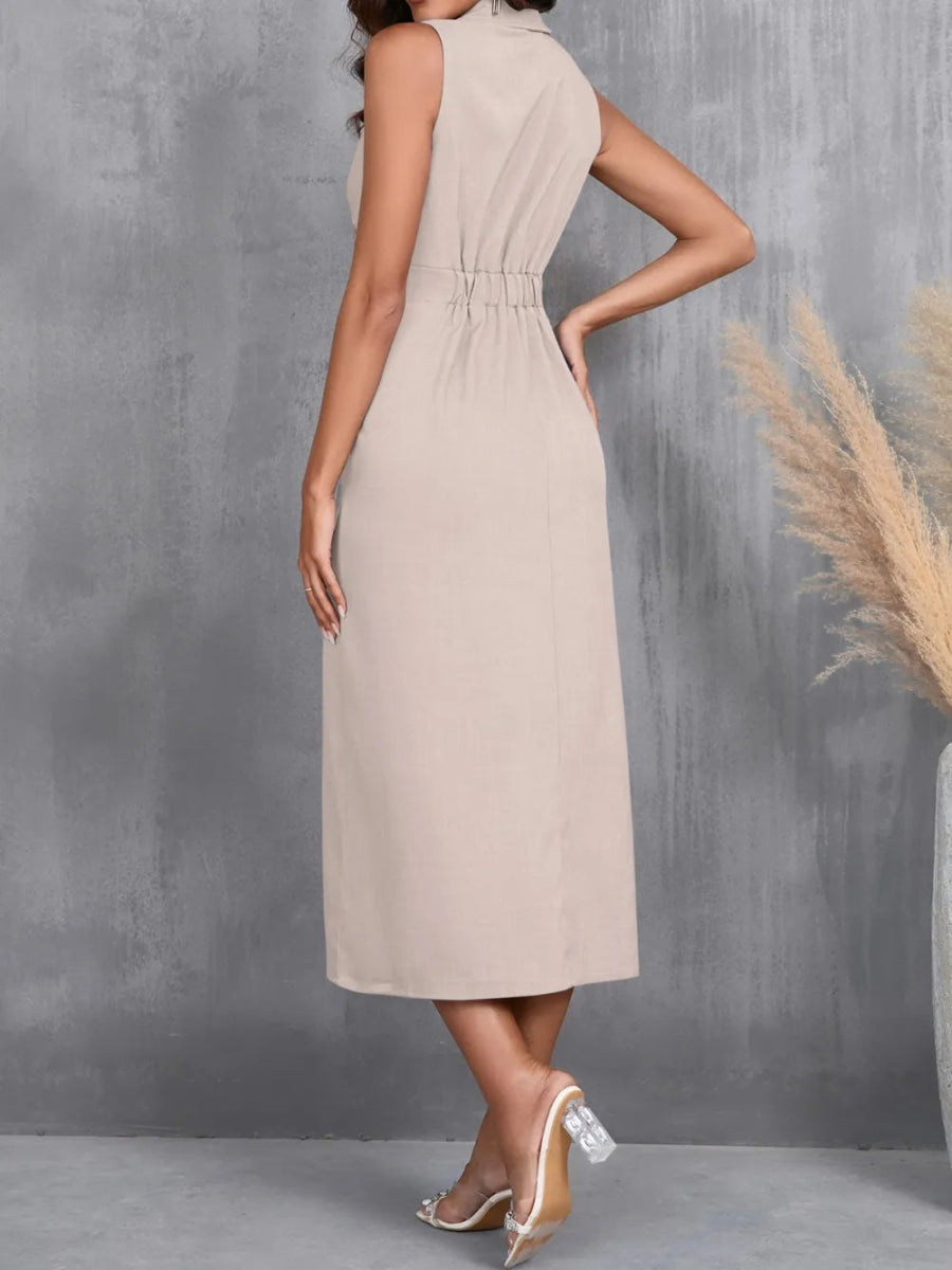 Ruched Sleeveless Midi Dress - CELIVINE