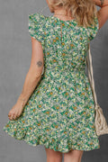Floral Flutter Sleeve V - Neck Sashed Ruffled Mini Dress - CELIVINE