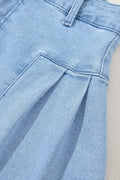 Pleated Patchwork Panel Lightweight Denim Shorts - CELIVINE