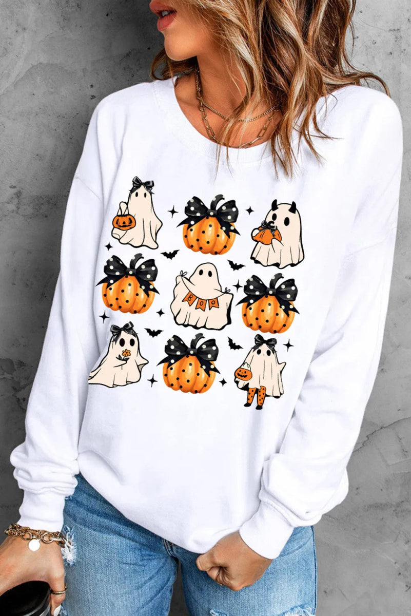 Pumpkin & Ghost Round Neck Long Sleeve Sweatshirt - CELIVINE