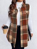 Honey Plus Size Pocketed Plaid Button Up Vest Coat - CELIVINE