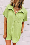 Textured Short Sleeve Patched Pocket Buttoned Romper - CELIVINE