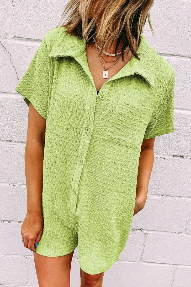 Textured Short Sleeve Patched Pocket Buttoned Romper - CELIVINE