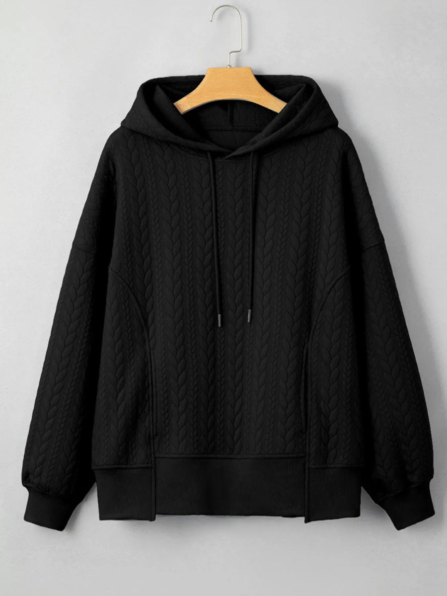 Drawstring Textured Baggy Solid Hoodie - CELIVINE
