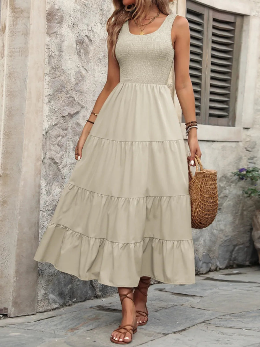 Smocked Scoop Neck Sleeveless Tank Dress - CELIVINE