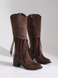 Fringe Point Toe Block Heels Boots - CELIVINE