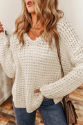 Openwork Round Neck Long Sleeve Sweater - CELIVINE