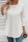Rounded Neck Waffle Long Sleeve Top - CELIVINE