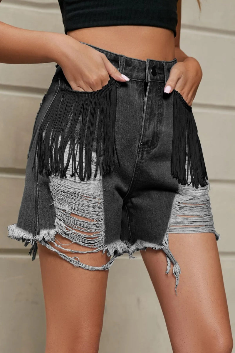 Distressed Fringe Denim Shorts - CELIVINE